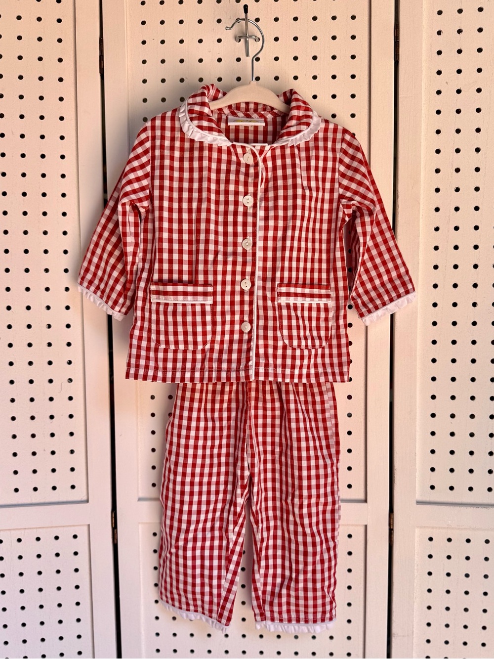 The Yellow Lamb Red Gingham Pajama Set White Ruffle Trim Size 12M